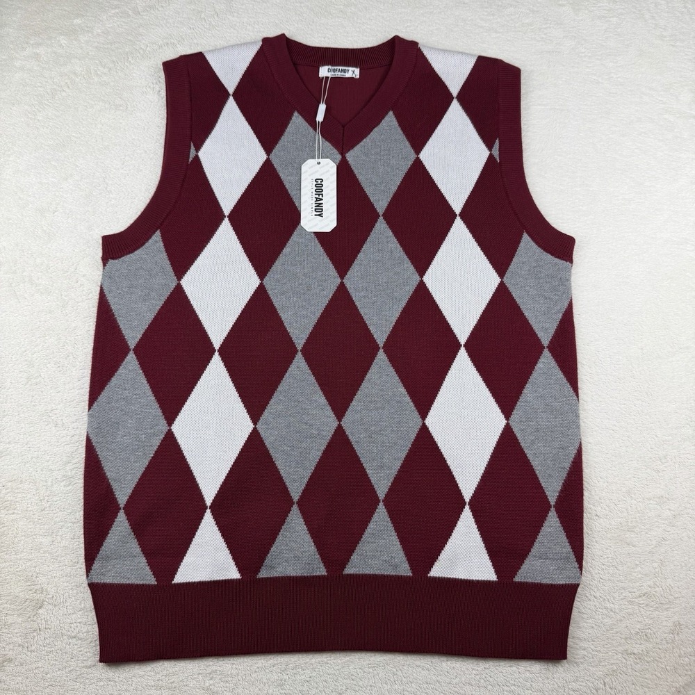 Coofandy V-Neck Sweater Vest Men's SMALL Red/Gray Argyle Sleeveless Pullover NWT